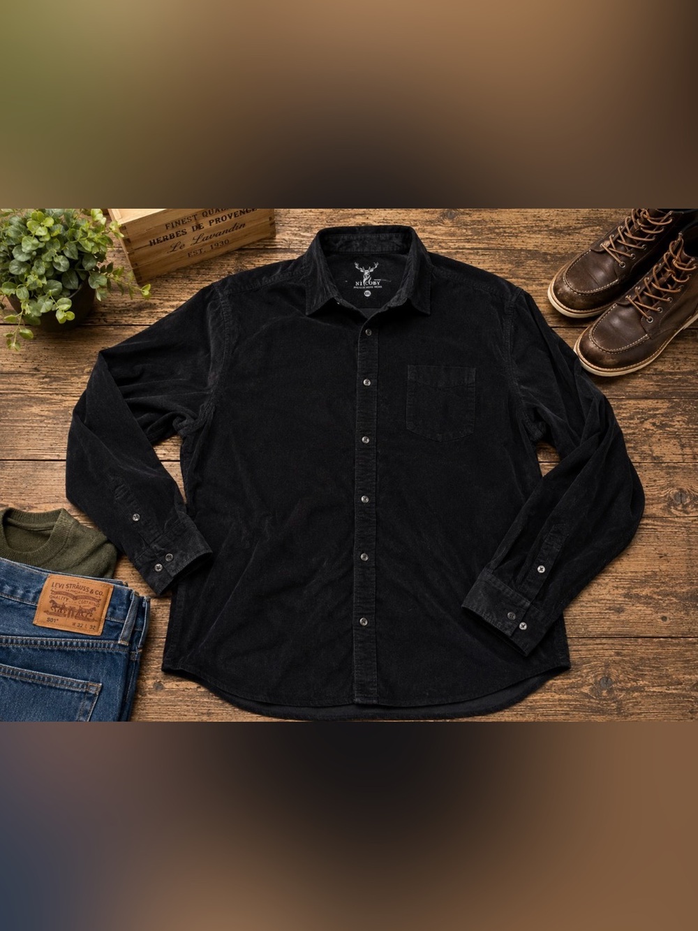 Nicoby Mens XXL Black Corduroy Button Front Shirt Stretch Long Sleeve Casual